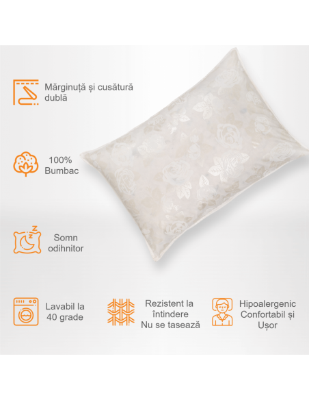 Perna Pernador cu 15% puf si pana de gasca, 40x60 cm, Alb cu trandafiri argintii