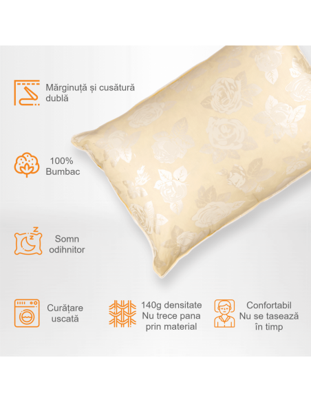 Perna Pernador cu 15% puf si pana de gasca, 40x60 cm, Crem cu trandafiri argintii