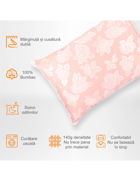 Perna Pernador cu 15% puf si pana de gasca, 40x60 cm, Roz cu trandafiri argintii