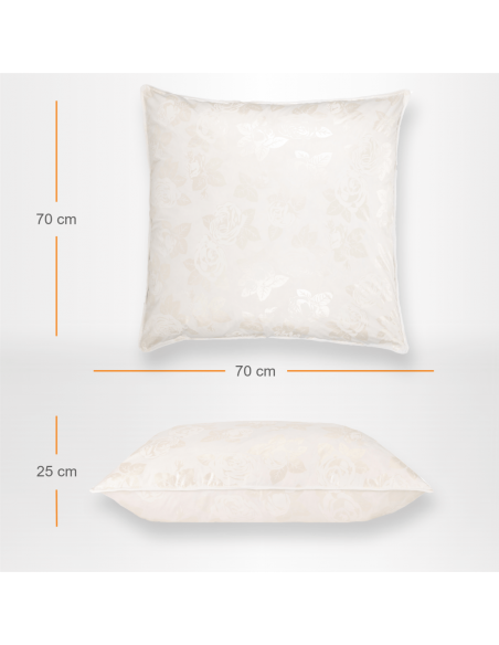 Perna Pernador cu 15% puf si pana de gasca, 70x70 cm, Alb cu trandafiri argintii