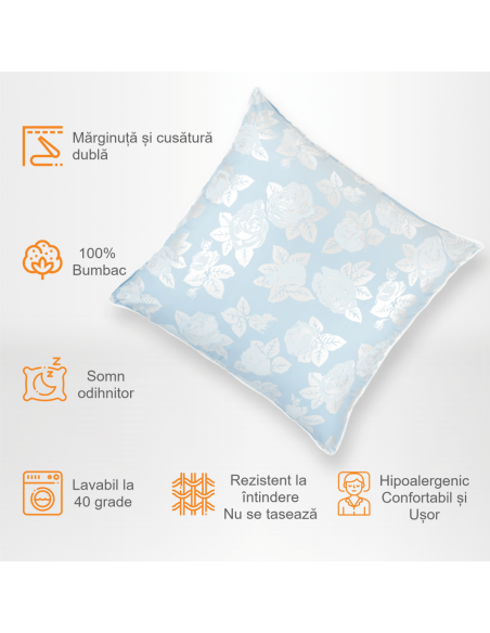 Perna Pernador cu 15% puf si pana de gasca, 70x70 cm, Albastru cu trandafiri argintii
