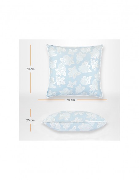 Perna Pernador cu 15% puf si pana de gasca, 70x70 cm, Albastru cu trandafiri argintii