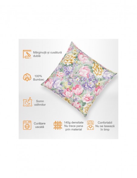 Perna Pernador cu 15% puf si pana de gasca, 70x70 cm, Flori mov