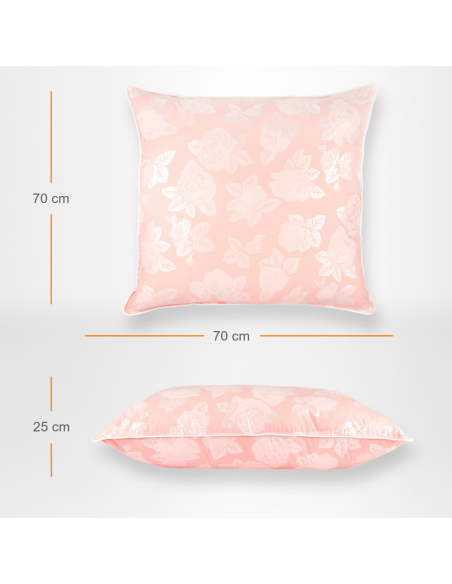 Perna Pernador cu 15% puf si pana de gasca, 70x70 cm, Roz cu trandafiri argintii