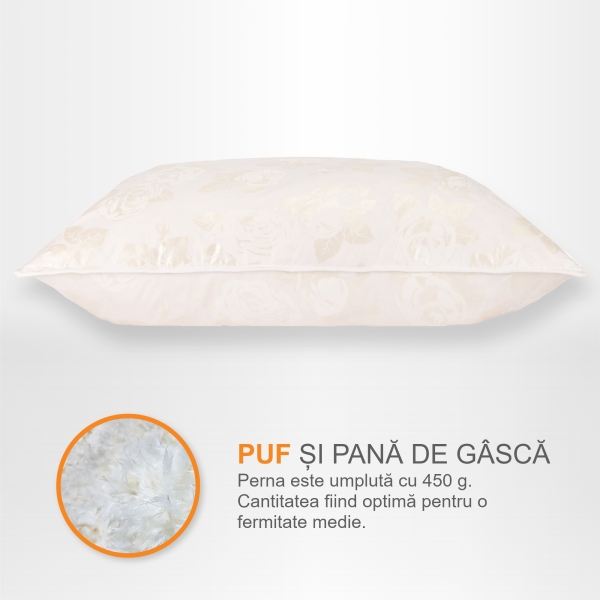 Perna Pernador cu puf si pana de gasca, 40x60 cm, Alb cu trandafiri argintii