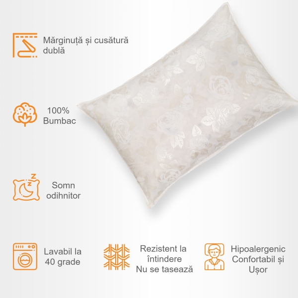Perna Pernador cu puf si pana de gasca, 40x60 cm, Alb cu trandafiri argintii