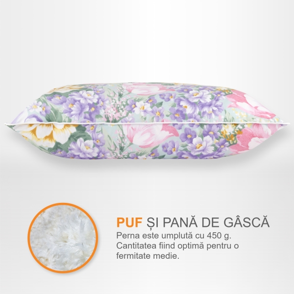 Perna Pernador cu puf si pana de gasca, 40x60 cm, Flori mov