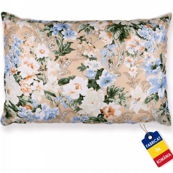 Perna Pernador cu puf si pana de gasca, 40x60 cm, Flori Albastre