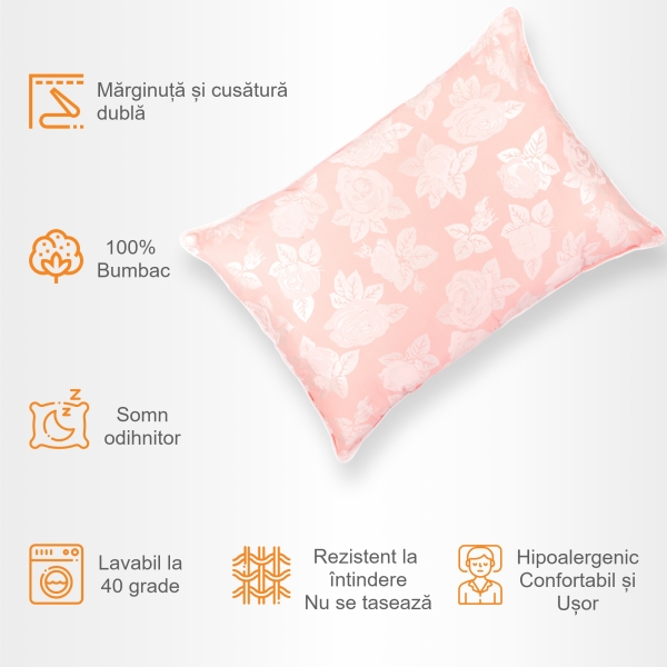 Perna Pernador cu puf si pana de gasca, 40x60 cm, Roz cu trandafiri argintii