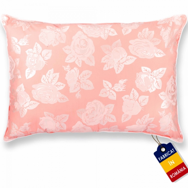 Perna Pernador cu puf si pana de gasca, 50x70 cm, Roz cu trandafiri argintii