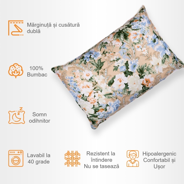 Perna Pernador cu puf si pana de gasca, 50x70 cm, Flori Albastre