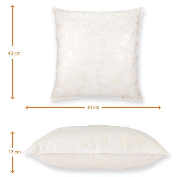 Perna Pernador cu puf si pana de gasca, 40x40 cm, Alb cu trandafiri argintii