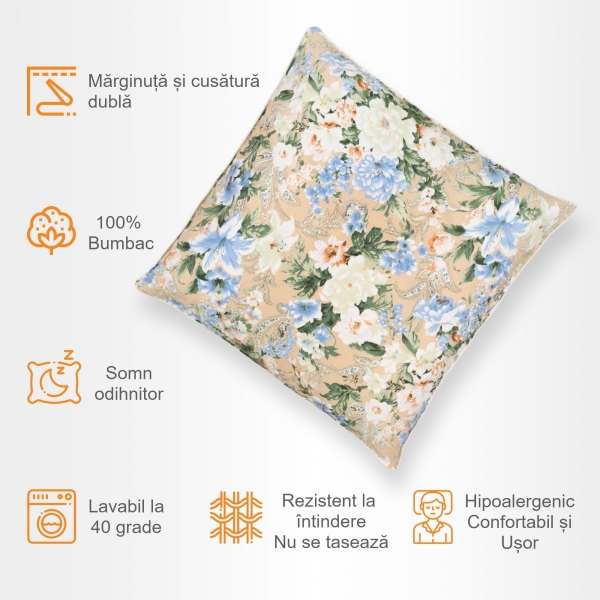 Perna Pernador cu puf si pana de gasca, 60x60 cm, Flori Albastre
