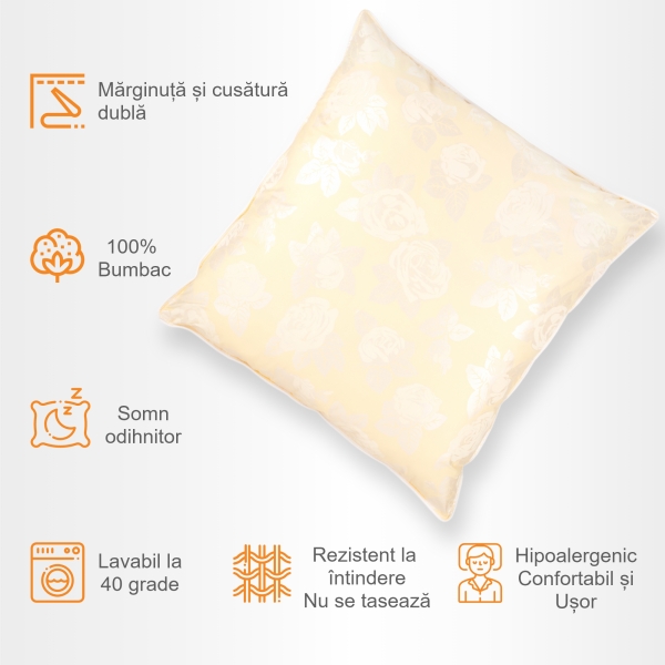 Perna Pernador cu puf si pana de gasca, 60x60 cm, Crem cu trandafiri argintii