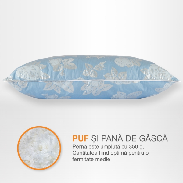 Perna Pernador cu puf si pana de gasca, 60x60 cm, Albastru cu trandafiri argintii