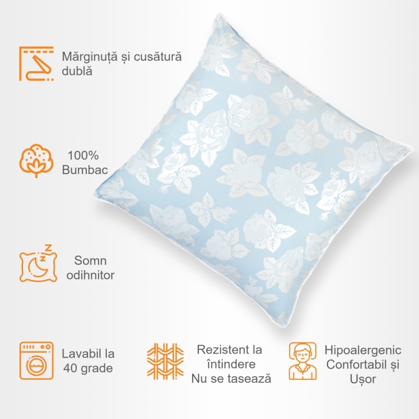 Perna Pernador cu puf si pana de gasca, 60x60 cm, Albastru cu trandafiri argintii