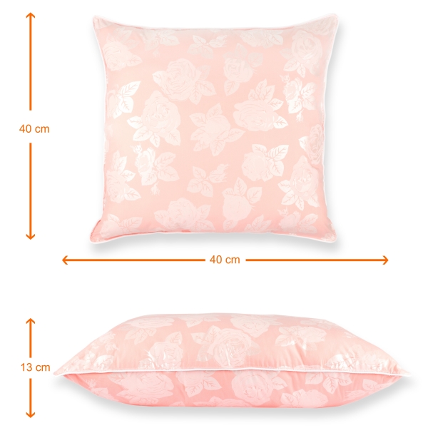 Perna Pernador cu puf si pana de gasca, 70x70 cm, Roz cu trandafiri argintii