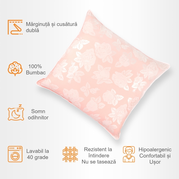 Perna Pernador cu puf si pana de gasca, 70x70 cm, Roz cu trandafiri argintii