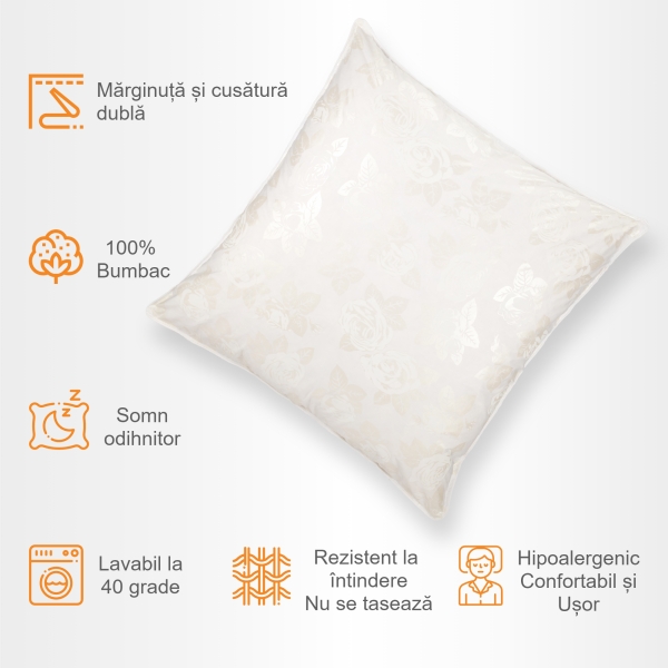 Perna Pernador cu puf si pana de gasca, 70x70 cm, Alb cu trandafiri argintii