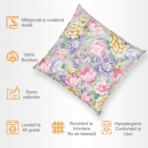 Perna Pernador cu puf si pana de gasca, 70x70 cm, Flori mov