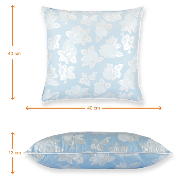 Perna Pernador cu puf si pana de gasca, 70x70 cm, Albastru cu trandafiri argintii