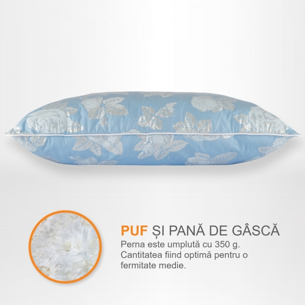 Perna Pernador cu puf si pana de gasca, 70x70 cm, Albastru cu trandafiri argintii