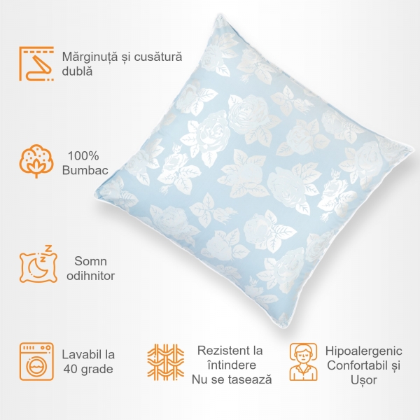 Perna Pernador cu puf si pana de gasca, 70x70 cm, Albastru cu trandafiri argintii