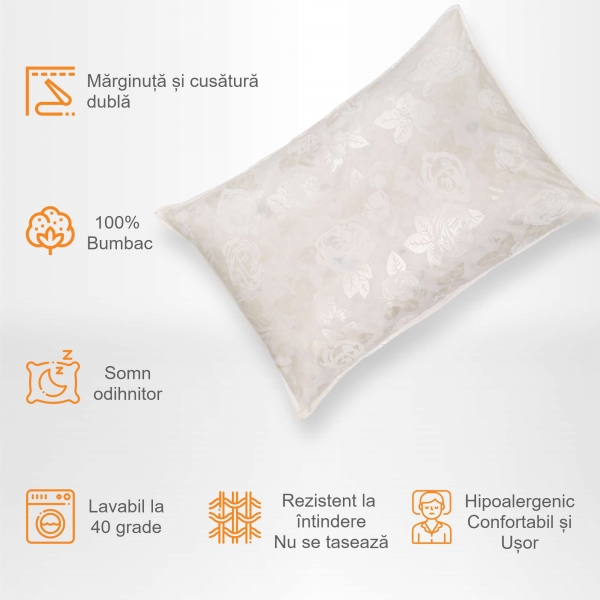 Set de 2 perne Pernador cu 15% puf de gasca si pana pentru copii, 40x60 cm, Alb cu trandafiri argintii
