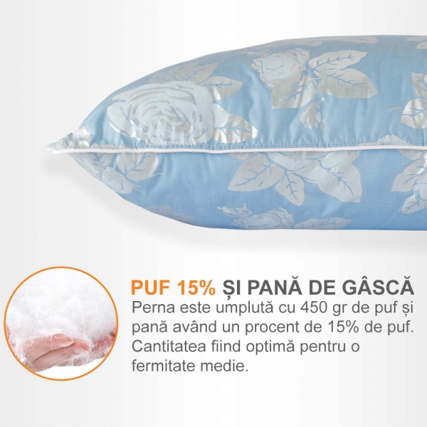 Set de 2 perne Pernador cu 15% puf de gasca si pana pentru copii, 40x60 cm, Albastru cu trandafiri argintii