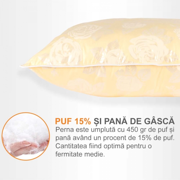 Set de 2 perne Pernador cu 15% puf de gasca si pana pentru copii, 40x60 cm, Crem cu trandafiri argintii