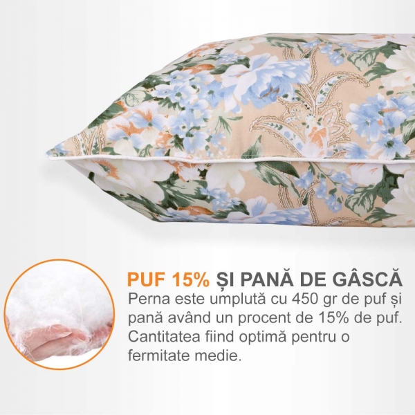 Set de 2 perne Pernador cu 15% puf de gasca si pana pentru copii, 40x60 cm, Flori Albastre