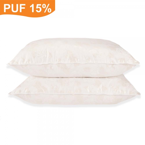 Set de 2 perne Pernador cu 15% puf de gasca si pana, 50x70 cm, Alb cu trandafiri argintii