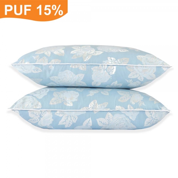 Set de 2 perne Pernador cu 15% puf de gasca si pana, 50x70 cm, Albastru cu trandafiri argintii