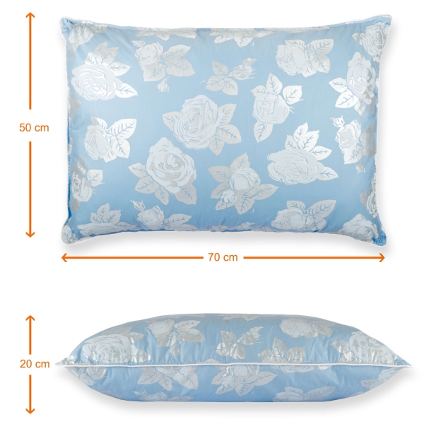 Set de 2 perne Pernador cu 15% puf de gasca si pana, 50x70 cm, Albastru cu trandafiri argintii
