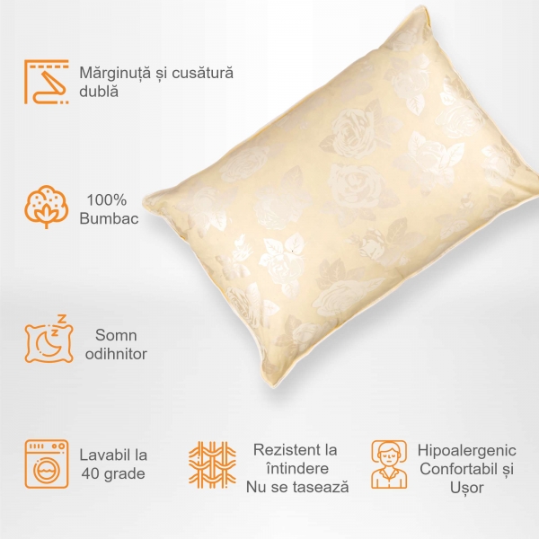 Set de 2 perne Pernador cu 15% puf de gasca si pana, 50x70 cm, Crem cu trandafiri argintii