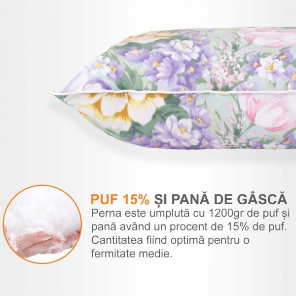 Set de 2 perne Pernador cu 15% puf de gasca si pana, 50x70 cm, Flori mov