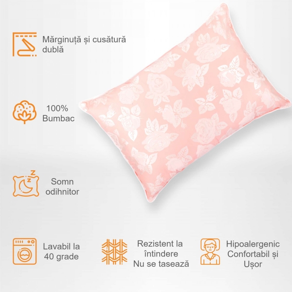 Set de 2 perne Pernador cu 15% puf de gasca si pana, 50x70 cm, Roz cu trandafiri argintii