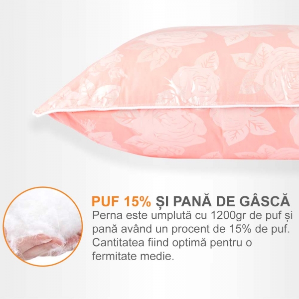 Set de 2 perne Pernador cu 15% puf de gasca si pana, 50x70 cm, Roz cu trandafiri argintii