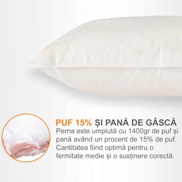 Set de 2 perne Pernador cu 15% puf de gasca si pana, 70x70 cm, Alb cu trandafiri argintii