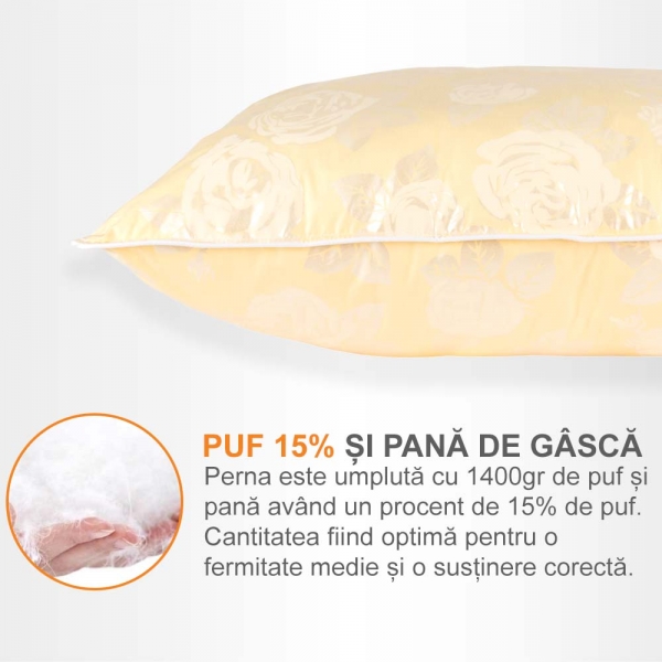 Set de 2 perne Pernador cu 15% puf de gasca si pana, 70x70 cm, Crem cu trandafiri argintii