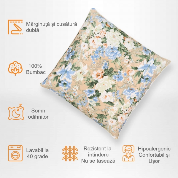 Set de 2 perne Pernador cu 15% puf de gasca si pana, 70x70 cm, Flori Albastre
