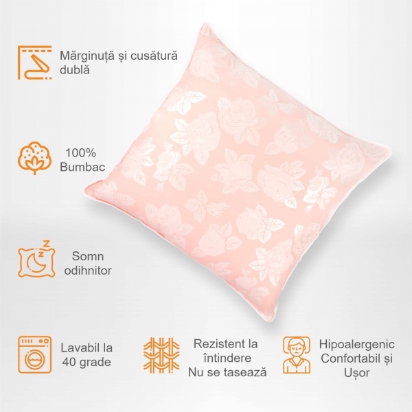 Set de 2 perne Pernador cu 15% puf de gasca si pana, 70x70 cm, Roz cu trandafiri argintii