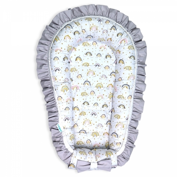 Baby Nest Premium din Bumbac, curcubeu cu gri