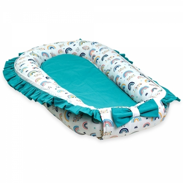 Baby Nest Premium din Bumbac, curcubeu cu turcoaz