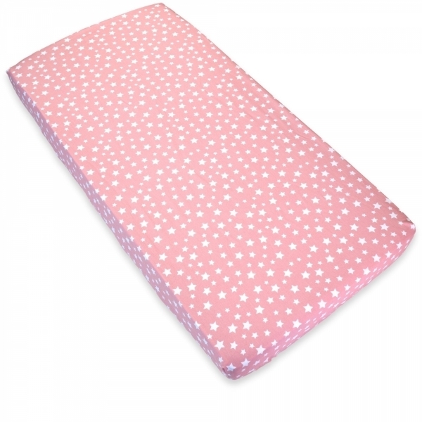 Cearsaf cu elastic pentru patut copii 120x60, stele albe cu fundal roz