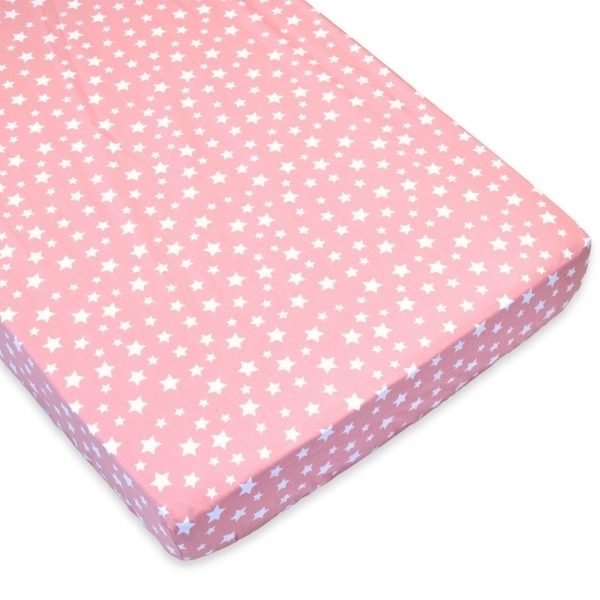 Cearsaf cu elastic pentru patut copii 120x60, stele albe cu fundal roz