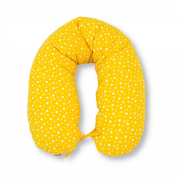 Husa din Bumbac pentru perna pentru gravide tip cornulet 3 in 1, galben cu stelute albe