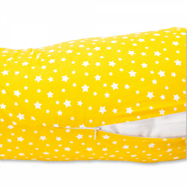 Husa din Bumbac pentru perna pentru gravide tip cornulet 3 in 1, galben cu stelute albe