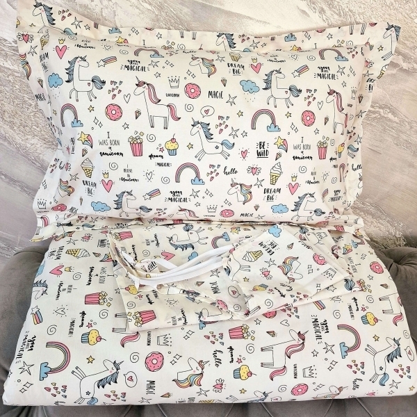 Lenjerie din Bumbac pentru patut stivuibil, Unicorn si briose