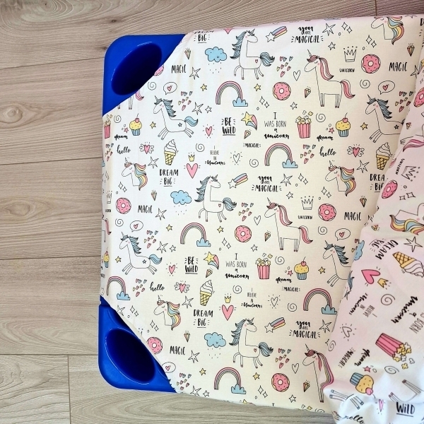 Lenjerie din Bumbac pentru patut stivuibil, Unicorn si briose